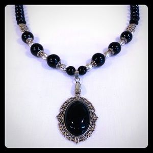 Chunky Silver Tone Vintage Black Beaded Necklace